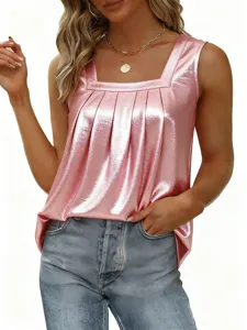 Detail view of the stylish metallic pink pleated square neck tank top showing texture and fit.