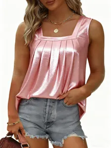 Metallic square neck pleated tank top summer casual sleeveless blouse for women detailing