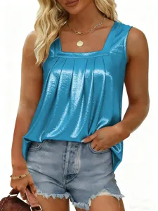Blue metallic square neck pleated camisole detail shot showcasing unique shiny fabric.