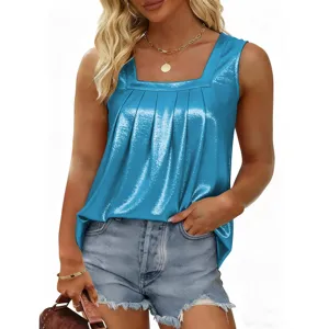 Summer Women Square Neck Pleated Shiny Tank Top Casual Sleeveless Blue Top Main View