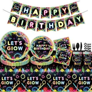 Neon leuchtend Geburtstag Party Deko Set mit Banner Teller Bechern und Tischdecke.