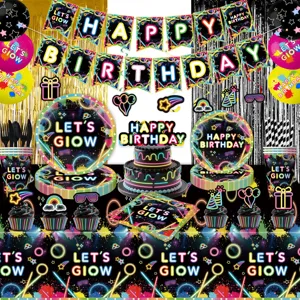 Neon Glow Geburtstag Party Deko Set Let's Glow Partygeschirr Set Mit Banner Tischdecke Pappteller Becher Servietten Für Neon Geburtstag Deko