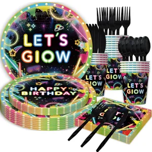Neon Leuchten Party Geschirr Set mit Papptellern Bechern Servietten und Besteck für Geburtstag.
