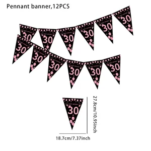 Details of black and pink glitter 30th birthday pennant banner 12pcs party hanging decor.