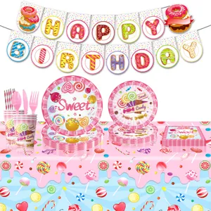 Ensemble de Décoration de Fête d'Anniversaire pour Fille Sucette Rose Assiettes en Papier Serviettes Tasses Nappe Bannière Ballons Toppers de Gâteau