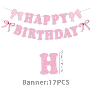 Banniere Anniversaire Rose Pailletee Decoration de Fete avec Jolis Noeuds 17 Pieces Set