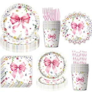 Ensemble de vaisselle de fete fleurs noeud rose assiettes en papier gobelets deco