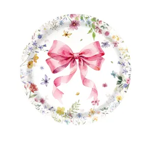 Assiette en carton à nœud rose et fleurs pour décoration de fête élégante et vaisselle.