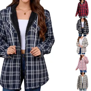 Women plaid sherpa lined hooded jacket long sleeve casual zip up fleece shacket outerwear