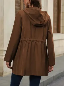 Women casual brown hooded windbreaker coat spring autumn mid length drawstring outerwear