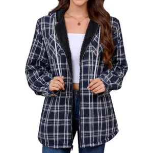 Detail view of the navy plaid fleece-lined hooded jacket showing soft inner lining.