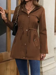 Stylish casual brown hooded windbreaker jacket for women with adjustable waist drawstring.