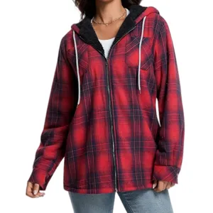 Women's red black plaid fleece lined hooded zip up jacket casual long sleeve flannel shacket with pockets