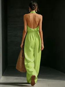 Summer green halter backless jumpsuit detail, elegant wide-leg design for modern fashion.