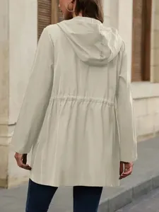 Back detail view of casual mid-length hooded trench coat with adjustable drawstring waist.