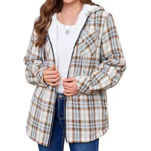 Detailed view of women's cozy fleece-lined plaid hooded jacket with zip front and soft texture.
