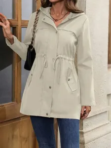Beige hooded drawstring waist casual windbreaker jacket for women autumn fashion