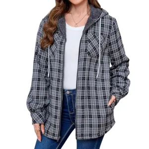 Women grey plaid fleece lined hooded zip up jacket casual long sleeve outerwear detail