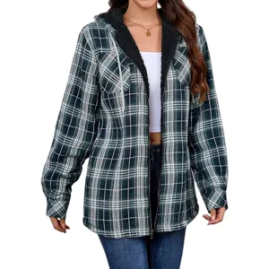 Women's plaid fleece-lined hooded casual long-sleeve shirt jacket, cozy winter outerwear.