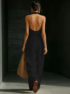 Black halter backless jumpsuit women summer casual elegant chic fashion apparel detail view