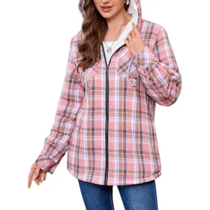 Pink plaid sherpa lined hooded shacket detail, zipper closure and soft fleece interior.