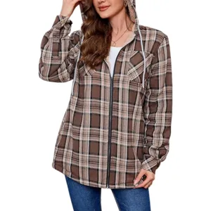 Detailed view of the women's brown plaid sherpa-lined hooded jacket featuring front zip.
