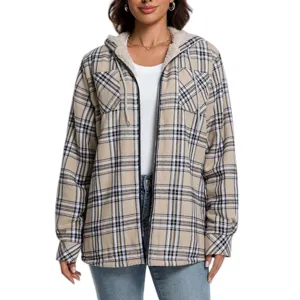 Women casual plaid sherpa lined hooded jacket winter warm long sleeve zip up outerwear