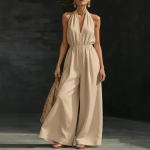 Women summer beige halter v-neck wide leg jumpsuit chic sleeveless long romper outfit