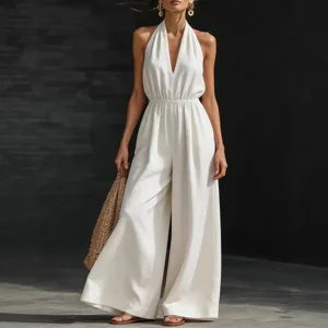 White halter neck V-neck sleeveless wide leg jumpsuit for women elegant summer casual chic.