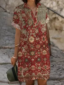 Καλοκαιρινό casual χαλαρό vintage print πουκάμισο φόρεμα με πέτο και κουμπιά για γυναίκες.