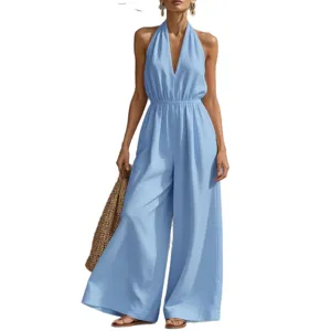 Women summer V-neck halter wide leg jumpsuit casual elegant sleeveless long pants outfit