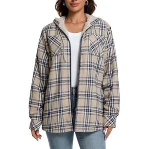 Women's casual plaid sherpa lined hooded jacket long sleeve fleece button down shacket coat