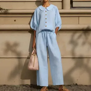 Women Fashion Lantern Sleeve Button Down Shirt And Drawstring Pants Set Casual Solid Color 2 Piece Outfits For Summer Spring Polyester Spandex