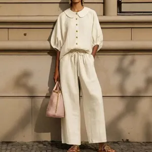 Women summer linen two piece set lantern sleeve blouse and drawstring waist long pants outfit
