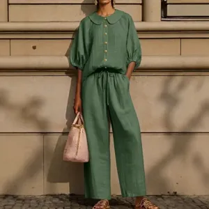Women linen two piece set lantern sleeve blouse and drawstring wide leg pants summer.
