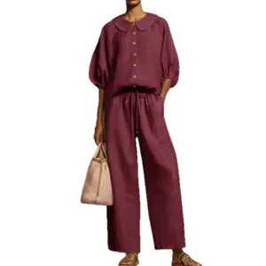Women's summer cotton linen lantern sleeve blouse and drawstring wide leg pants set