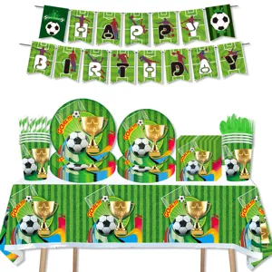Soccer football theme party supplies set including birthday banner plates cups tablecloth.