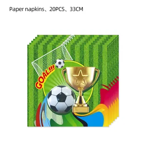 Football theme paper napkins detail, green field background with golden trophy and soccer ball.