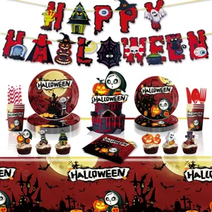 Halloween Party Deko Set mit Banner, Papptellern, Bechern und Tischdecke fuer Gruselfeiern.