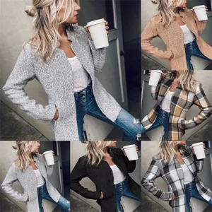Women thickened woolen coat autumn winter casual open front plaid long sleeve outerwear