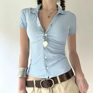 T-shirt polo à manches courtes rayées verticalement bleu et blanc haut slim décontracté