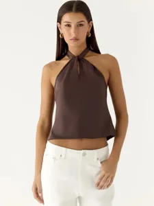Satin halter neck sleeveless crop top for women, sexy brown tie-up summer fashion apparel.
