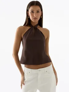 Women brown satin halter top, elegant sleeveless backless party summer clubwear blouse.