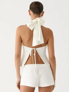 Satin halter backless crop top with bow tie for women elegant summer fashion apparel style