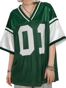 Women American Retro Loose Jersey Patchwork T-Shirt V-Neck Number Print Short Sleeve Sporty Casual Top