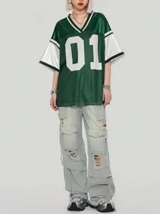 American vintage loose mesh jersey top with number 01 print, casual streetwear style.
