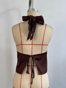 Brown satin halter top for women, sexy open back tie up sleeveless summer streetwear.