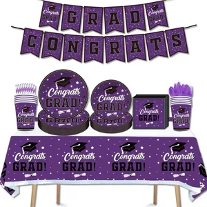 Abschluss party deko set lila banner teller becher servietten tischdecke dekoration