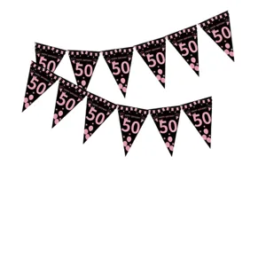 Black and pink 50th birthday party pennant banner decoration flags for celebration setup.