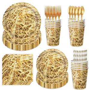 Western Cowboy Heuhaufen Partyzubehör Set Heu Textur Pappteller Servietten Banner Tischdecke Gold Kunststoff Besteck Deko